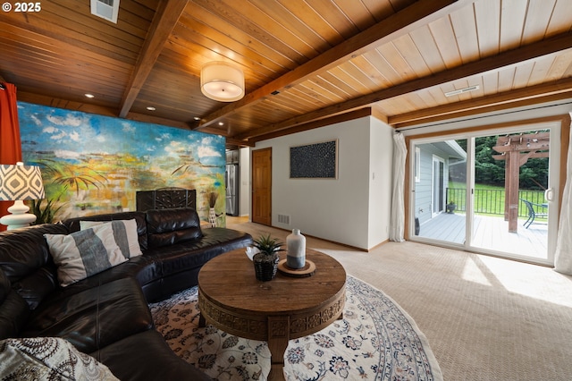 3144 Diane Dr, Lake Oswego, OR 97035 - living room featuring light colored carpet, beamed ceiling, wooden ceiling, and baseboards