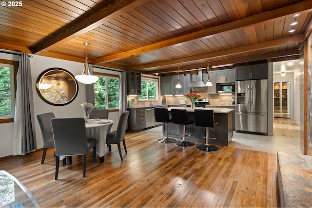 3144 Diane Dr, Lake Oswego, OR 97035 - dining area featuring beam ceiling, wood ceiling, and light wood-type flooring