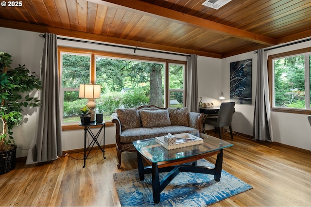 3144 Diane Dr, Lake Oswego, OR 97035 - living room with wooden ceiling, beam ceiling, light wood finished floors, and baseboards