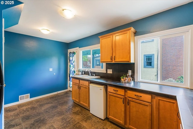 1716 N Rosa Parks Way, Portland, OR 97217 - kitchen with white dishwasher, a sink, baseboards, dark countertops, and backsplash
