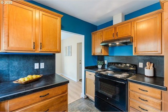 1716 N Rosa Parks Way, Portland, OR 97217 - kitchen with black range with electric cooktop, under cabinet range hood, dark countertops, and backsplash