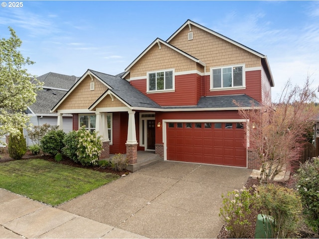3816 NW Tustin Ranch Dr, Portland, OR 97229 - craftsman-style home with an attached garage, brick siding, driveway, a front yard, and a porch