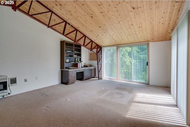 12720 S Carus Rd, Oregon City, OR 97045 - unfurnished living room with wood ceiling, carpet floors, vaulted ceiling, and a wall of windows