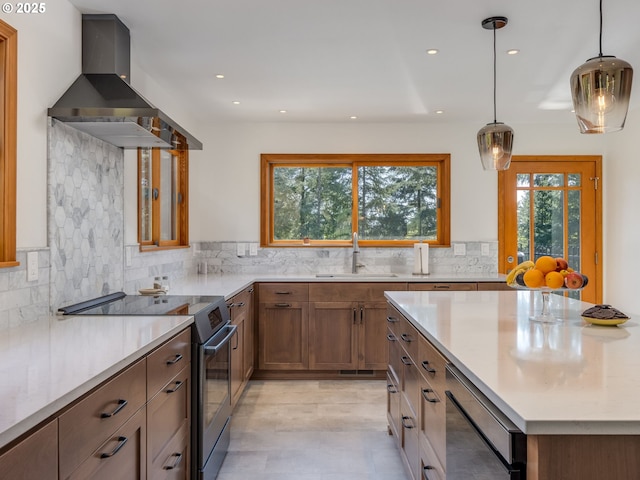 12720 S Carus Rd, Oregon City, OR 97045 - kitchen featuring wall chimney exhaust hood, stainless steel electric stove, a sink, and plenty of natural light