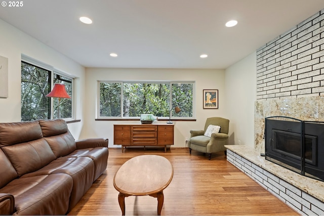 living room with a fireplace and light wood-type flooring