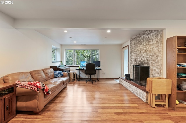 living room featuring a fireplace and light hardwood / wood-style flooring