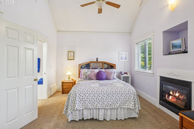 240 NE 5th St, Gresham, OR 97030 - bedroom featuring carpet, a glass covered fireplace, baseboards, a ceiling fan, and high vaulted ceiling