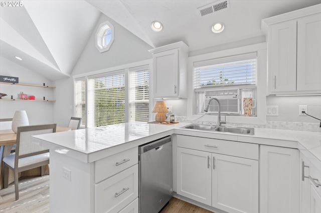 13756 John Jeffrey Ct, Oregon City, OR 97045 - kitchen featuring dishwasher, a sink, a peninsula, light countertops, and white cabinets