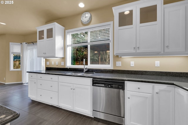 kitchen with sink, stainless steel dishwasher, and white cabinets