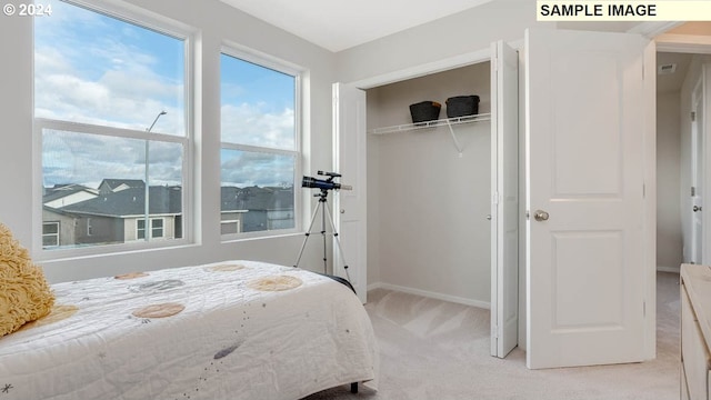 carpeted bedroom featuring a closet