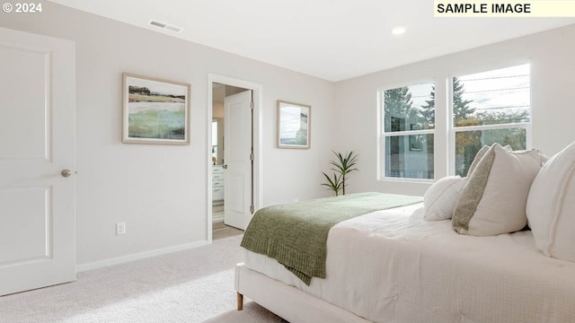 carpeted bedroom with connected bathroom