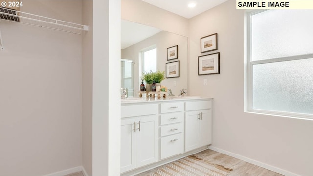 bathroom featuring vanity and hardwood / wood-style floors