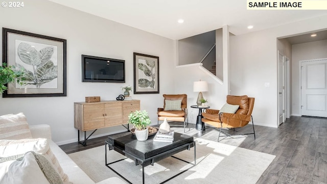 living room featuring dark wood-type flooring