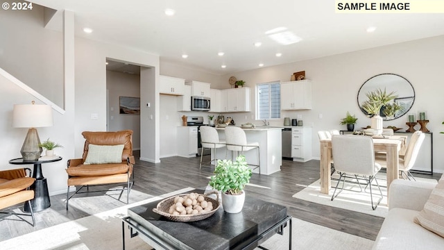 living room featuring hardwood / wood-style flooring and sink