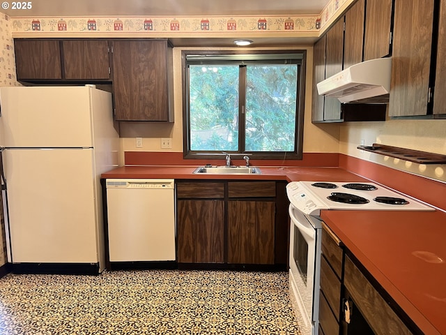 16042 Cornell St, Lake Oswego, OR 97034 - kitchen featuring white appliances, under cabinet range hood, and dark brown cabinetry