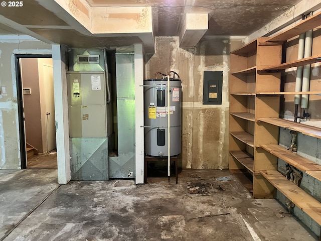 16042 Cornell St, Lake Oswego, OR 97034 - unfinished basement featuring water heater, electric panel, and heating unit