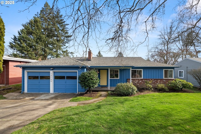 ranch-style home with a garage, a chimney, a front yard, board and batten siding, and brick siding