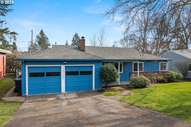 ranch-style home with a garage, driveway, a front lawn, board and batten siding, and a chimney