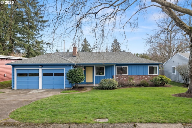 single story home with a garage, brick siding, a chimney, board and batten siding, and a front yard