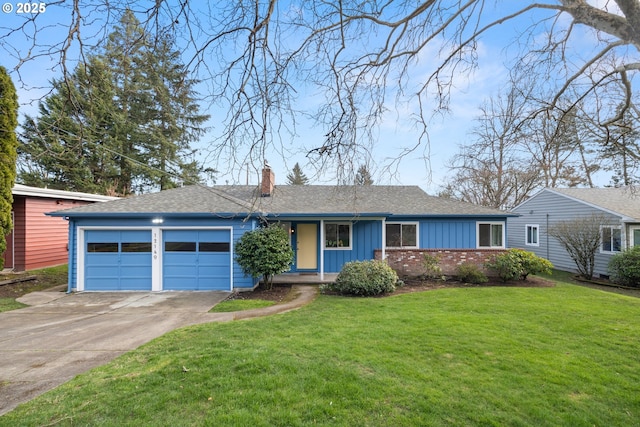 ranch-style home with brick siding, a chimney, an attached garage, board and batten siding, and a front yard