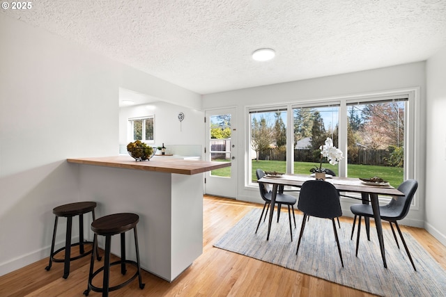 dining room with a healthy amount of sunlight, light wood-style floors, baseboards, and a textured ceiling