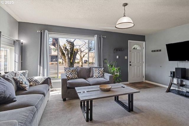 living area with a wealth of natural light, baseboards, a textured ceiling, and carpet