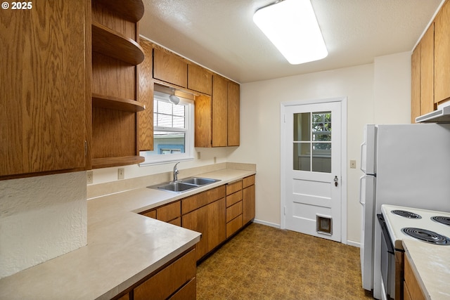 kitchen with a sink, open shelves, electric stove, and brown cabinetry