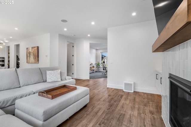 living room with wood-type flooring and a fireplace