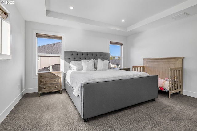 bedroom featuring a raised ceiling and carpet