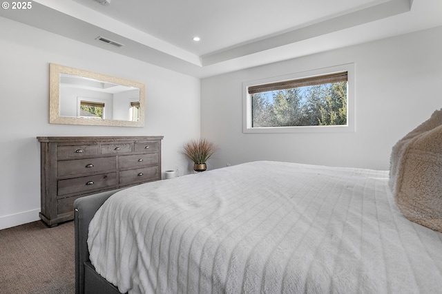 carpeted bedroom featuring a tray ceiling