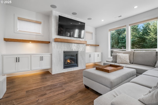 living room featuring a fireplace and dark hardwood / wood-style floors