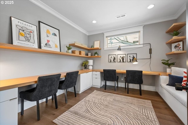 4015 NE 38th Ave, Portland, OR 97212 - office space featuring built in study area, ornamental molding, recessed lighting, and dark wood-style floors