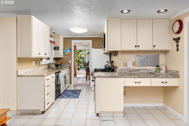 kitchen with crown molding, dishwasher, a sink, stainless steel microwave, and white cabinetry