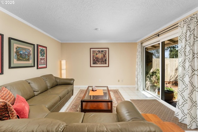 living area with crown molding, a textured ceiling, and baseboards