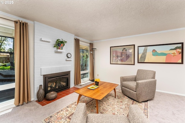 living area with ornamental molding, carpet, and a fireplace
