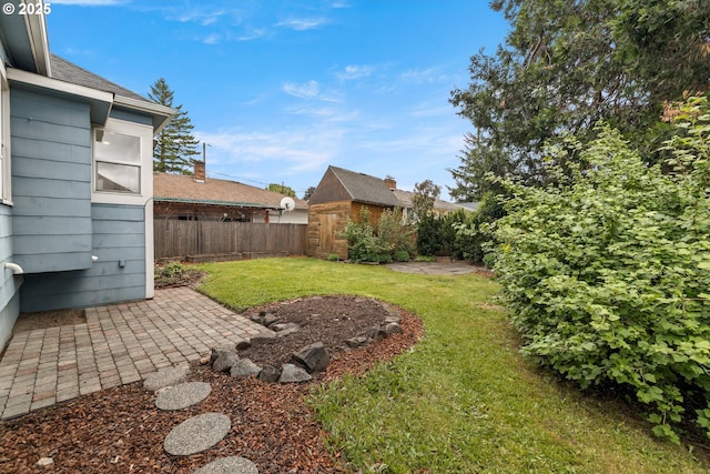 view of yard featuring a storage shed, an outdoor structure, and a patio area