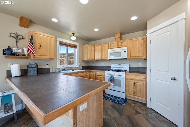 42224 Cupper Creek Rd, Kimberly, OR 97848 - kitchen with white appliances, light brown cabinetry, tile counters, a peninsula, and a breakfast bar