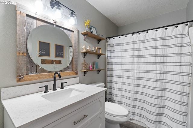 full bathroom with a textured wall, toilet, a textured ceiling, vanity, and a shower with curtain