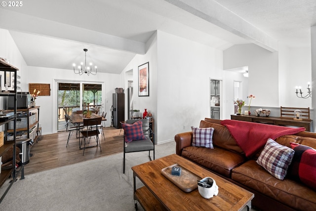 14370 SW Wilson Dr, Beaverton, OR 97008 - living room with vaulted ceiling, a chandelier, carpet flooring, baseboards, and wood finished floors