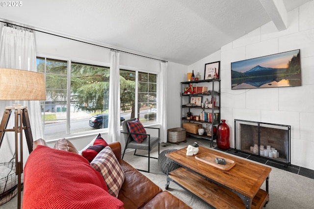 14370 SW Wilson Dr, Beaverton, OR 97008 - living room with lofted ceiling, a tiled fireplace, plenty of natural light, carpet flooring, and a textured ceiling