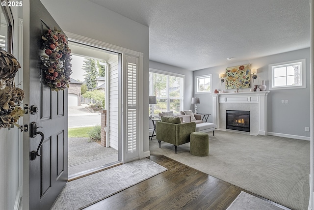 15178 NW Channa Dr, Portland, OR 97229 - entryway with a tile fireplace, plenty of natural light, wood finished floors, a textured ceiling, and baseboards