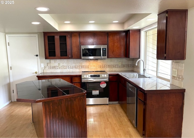 kitchen with a sink, appliances with stainless steel finishes, light wood finished floors, glass insert cabinets, and tasteful backsplash