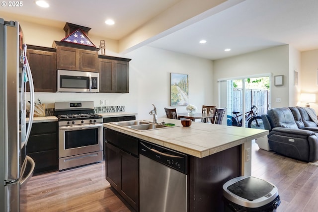 kitchen featuring a sink, light wood finished floors, open floor plan, and stainless steel appliances