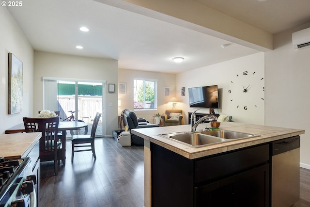 kitchen with open floor plan, appliances with stainless steel finishes, a sink, and dark wood-type flooring