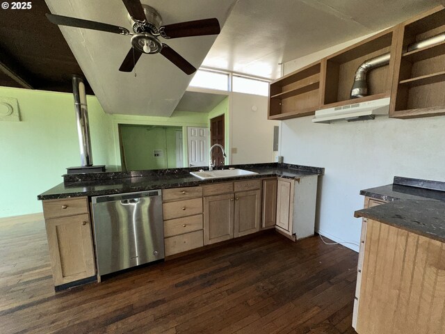 kitchen with a sink, dark wood finished floors, dishwasher, a peninsula, and open shelves