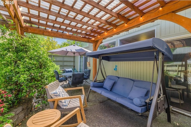 1650 NW Lakeway Ln, Beaverton, OR 97006 - view of patio featuring an outdoor living space, a hot tub, and a pergola