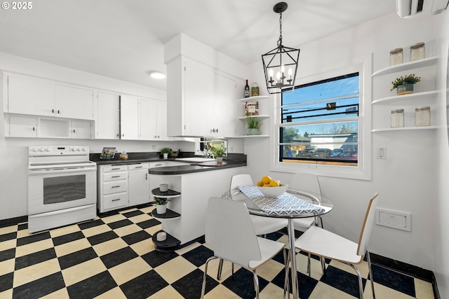 kitchen with open shelves, light floors, dark countertops, and electric stove