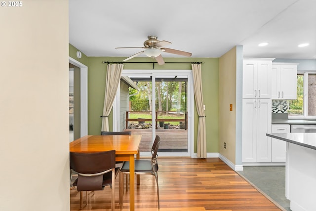 17954 NW Andria Ave, Portland, OR 97229 - dining area featuring a ceiling fan, recessed lighting, baseboards, and wood finished floors