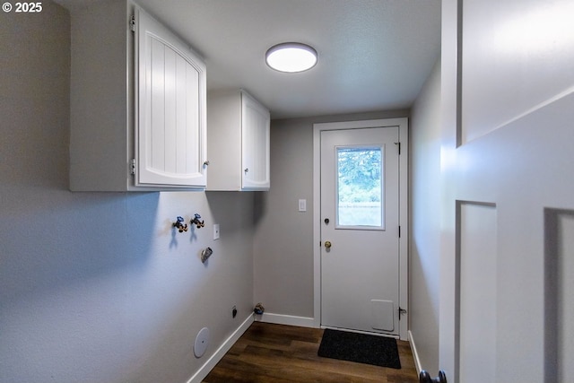 12190 SW Merestone Ct, Tigard, OR 97223 - laundry room featuring baseboards, dark wood finished floors, gas dryer hookup, cabinet space, and washer hookup