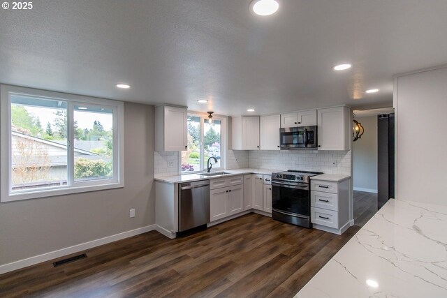 12190 SW Merestone Ct, Tigard, OR 97223 - kitchen featuring appliances with stainless steel finishes, a sink, dark wood finished floors, tasteful backsplash, and recessed lighting